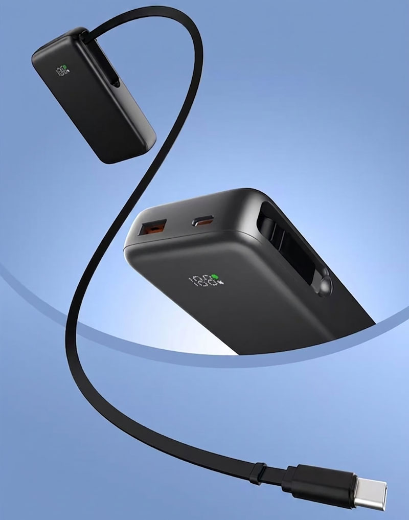 AJ07 black power bank with extended retractable Type-C cable