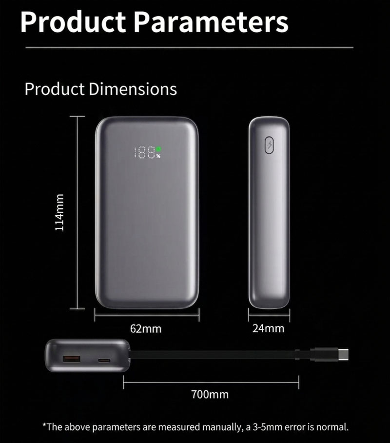 AJ07 power bank dimensions and cable length diagram