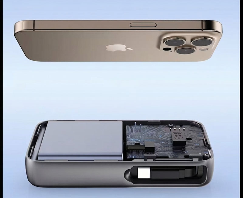 AJ07 compact power bank size comparison with a smartphone