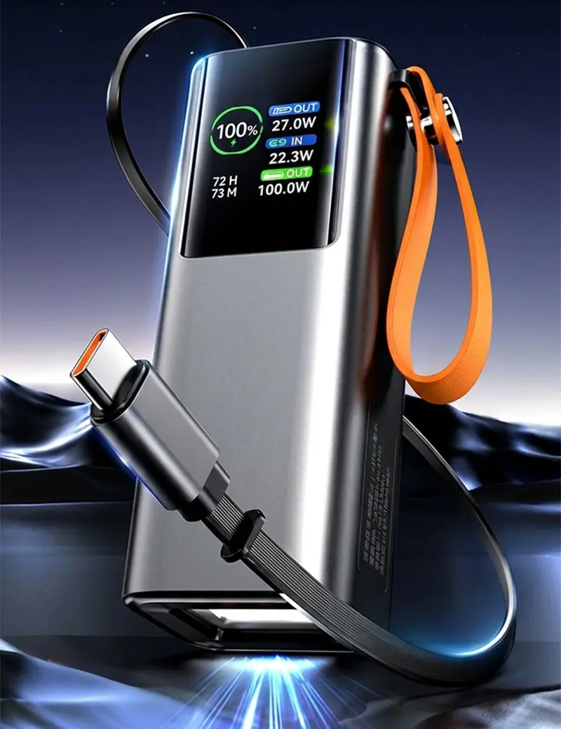 AJ25 power bank with TFT display and retractable Type-C cable