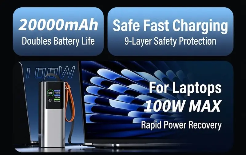 AJ25 20000mAh power bank charging a laptop