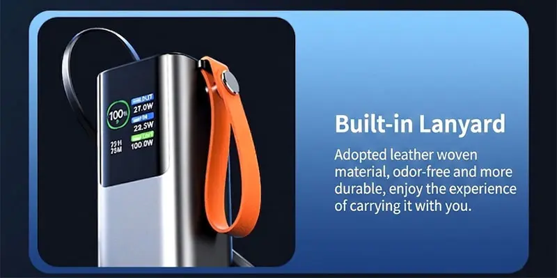 AJ25 power bank with orange carrying lanyard