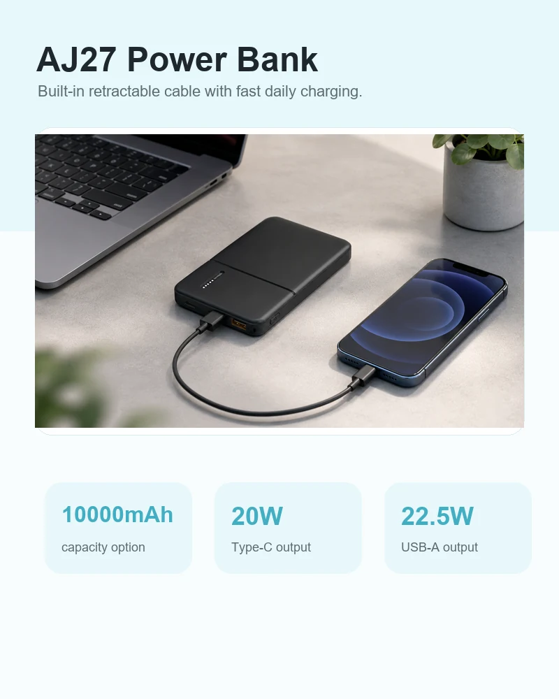 AJ27 retractable cable power bank product overview