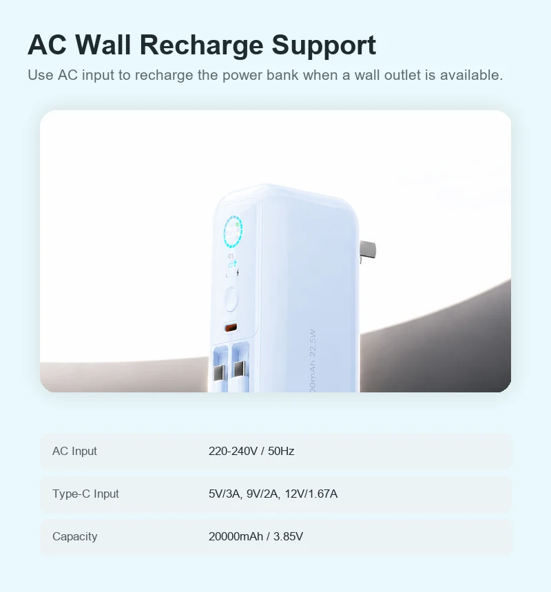 AJ45 20000mAh power bank size and exterior details