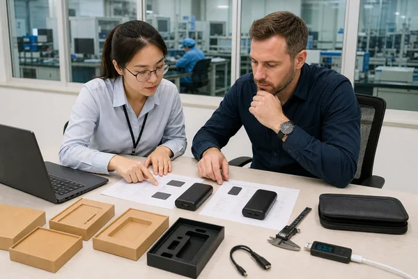 Comprador y proveedor chino comparando cotizaciones OEM y especificaciones de power banks