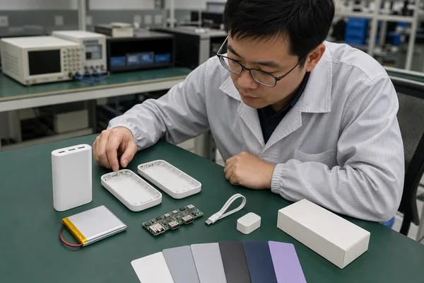 Ingeniero de producto chino revisando opciones de celdas, PCB, carcasa, cable y embalaje para un power bank