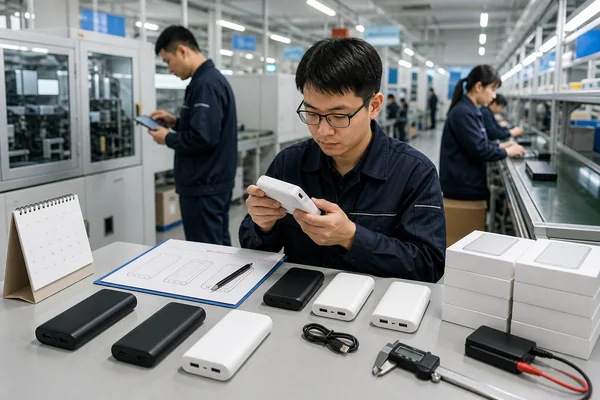 Chinese engineers checking custom power bank samples during OEM production planning