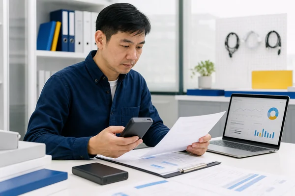 Ingeniero revisando un power bank con la documentación de conformidad de la UE