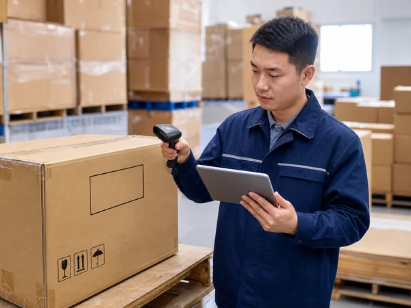 Chinese logistics specialist reviewing a power bank shipping carton in an export warehouse