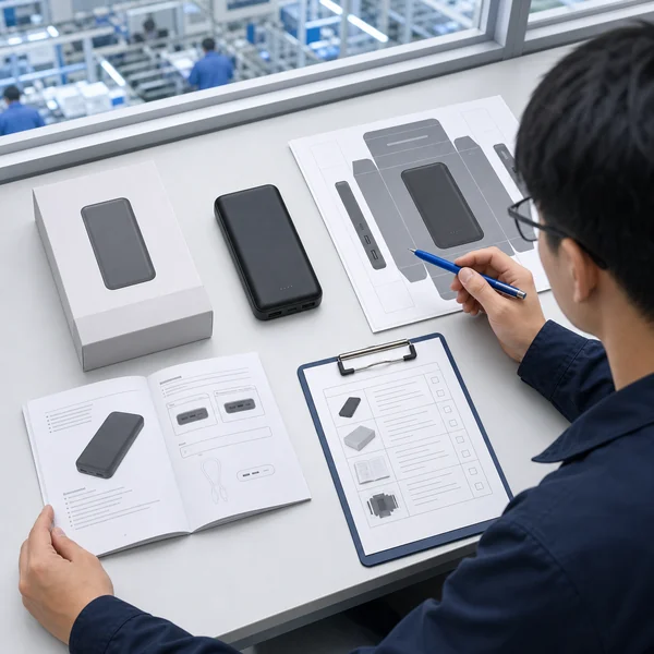Chinese product engineer comparing a power bank, retail box, user manual and packaging artwork