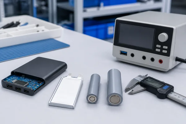 Pouch, 18650 and 21700 battery cells beside an open power bank during OEM cell selection