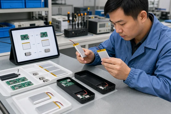 Chinese engineer comparing battery cells and PCB assemblies for power bank component change approval