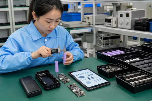Chinese engineer checking battery cells and PCB assemblies against controlled OEM components