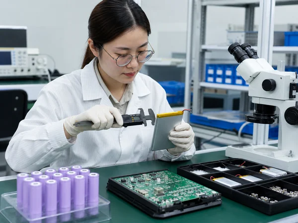 Chinese quality technician inspecting battery cells, power bank PCBA and controlled BOM components