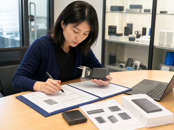 Chinese compliance engineer comparing a power bank sample with test reports