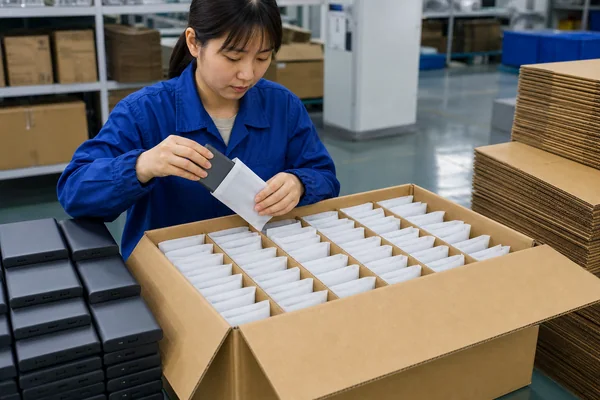 Chinese factory worker packing power banks in non-conductive sleeves and carton dividers