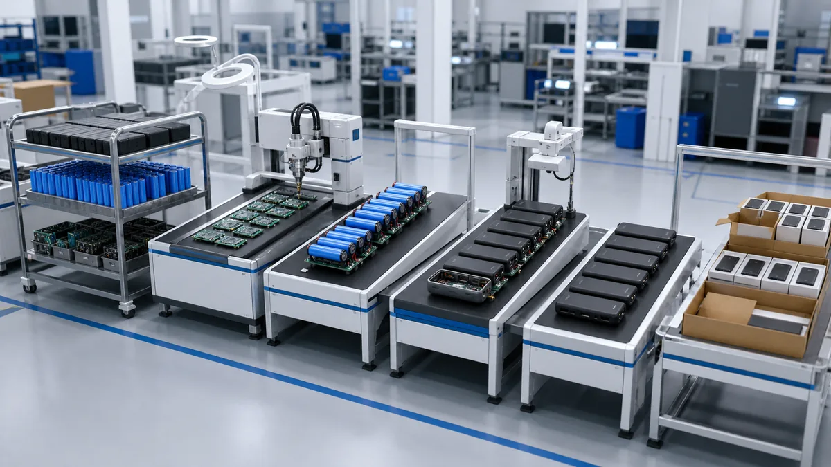 Power bank assembly workflow from PCBA and battery cells to finished units