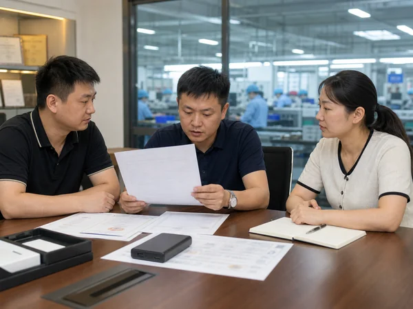 YULIDA factory team reviewing OEM power bank documents and production requirements