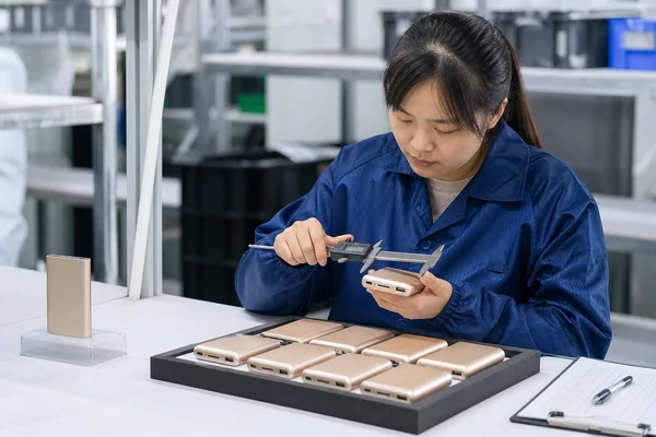 Chinese quality inspector comparing a golden sample with production power banks