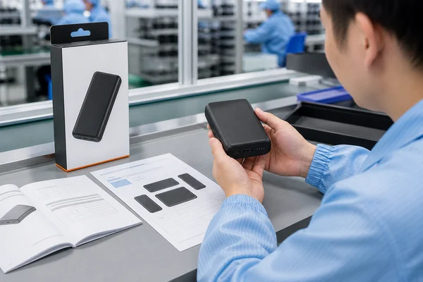 Chinese quality engineer reviewing a power bank label, packaging and user manual