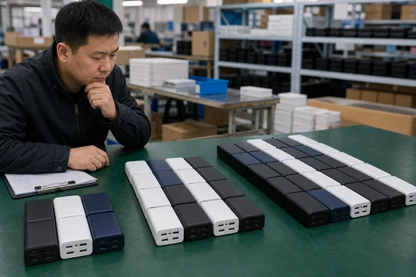 Planificador de producción chino comparando volúmenes de pedidos de power banks para niveles de MOQ de 500, 1.000 y 2.000 unidades