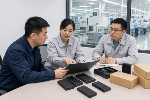 Chinese factory and buyer teams reviewing a power bank OEM manufacturing agreement and product samples