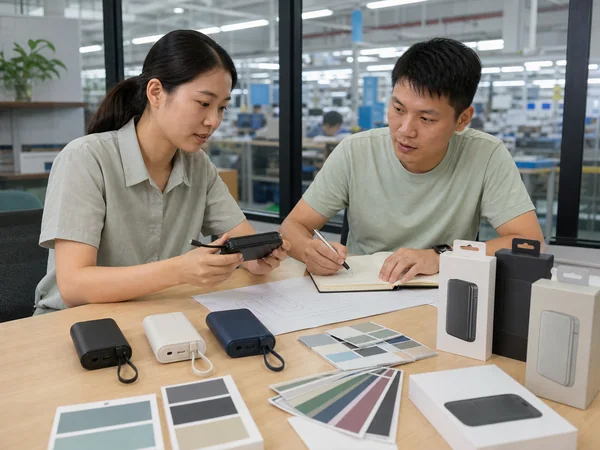 Chinese engineers reviewing power bank OEM samples and packaging options