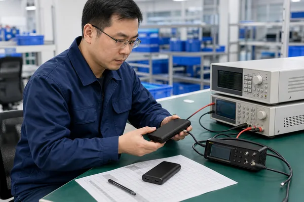 Chinese engineer verifying a power bank USB-C charging profile with laboratory test equipment