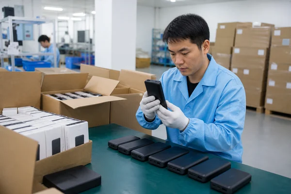 Chinese quality inspector examining finished power banks before shipment