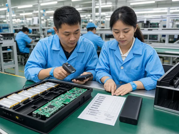 Chinese quality engineers checking power bank cells, PCBA and production sample