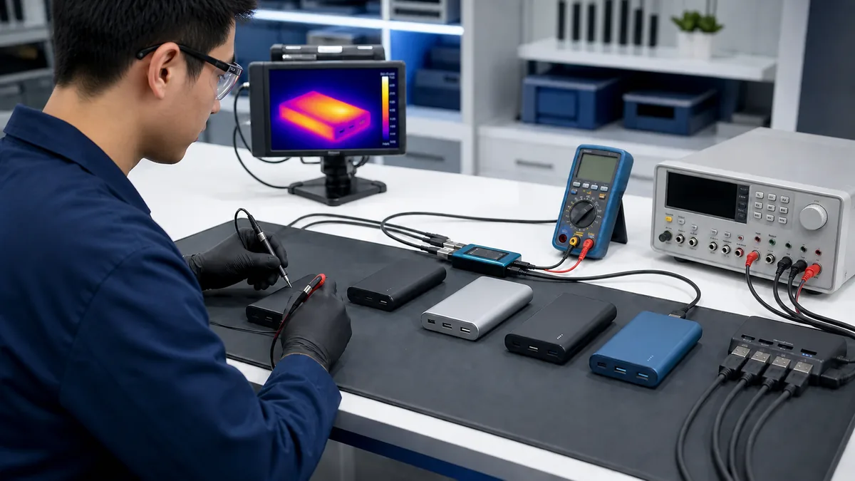 Chinese technician performing electrical and thermal tests on power banks