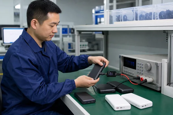 Chinese power bank quality-control engineer testing samples before a bulk order