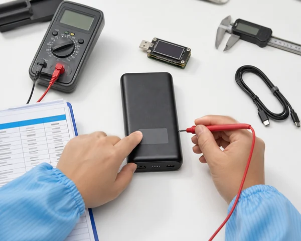 Power bank rating label inspection with electrical test equipment and specification sheet