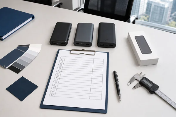 Power bank samples, specification checklist, colour swatches and packaging prepared for an OEM RFQ