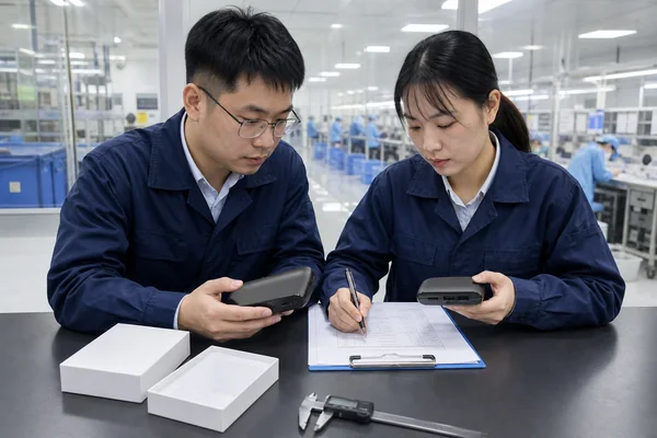 Chinese engineers approving matching power bank samples before mass production