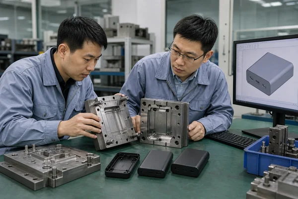 Chinese engineers reviewing a custom power bank enclosure mould and CAD design