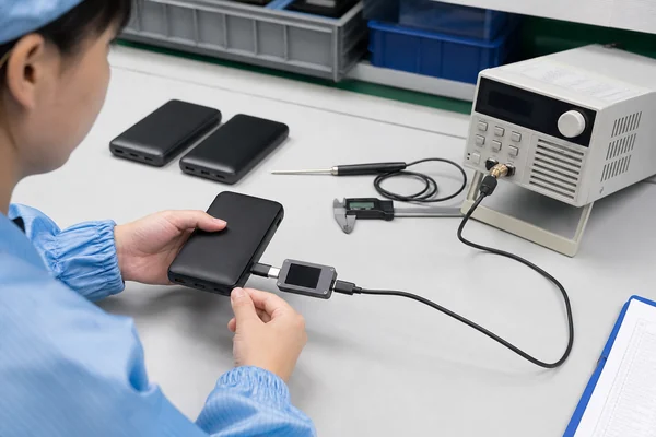 Chinese QC technician testing a power bank USB-C output before shipment