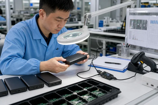 Chinese quality engineer investigating a returned power bank and tracing its production batch