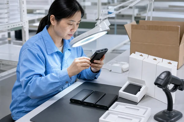 Chinese inspector checking power bank workmanship and retail packaging