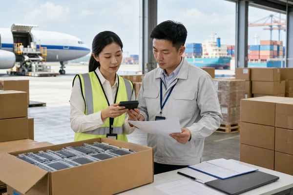 Chinese logistics specialists reviewing power banks for air and sea shipment from China