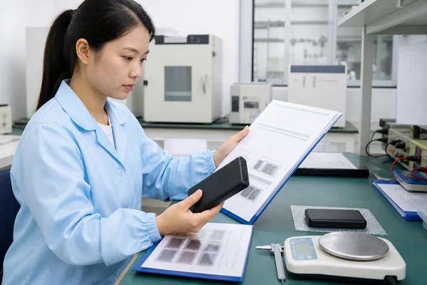 Chinese quality engineer matching a power bank to its UN 38.3 transport test documentation