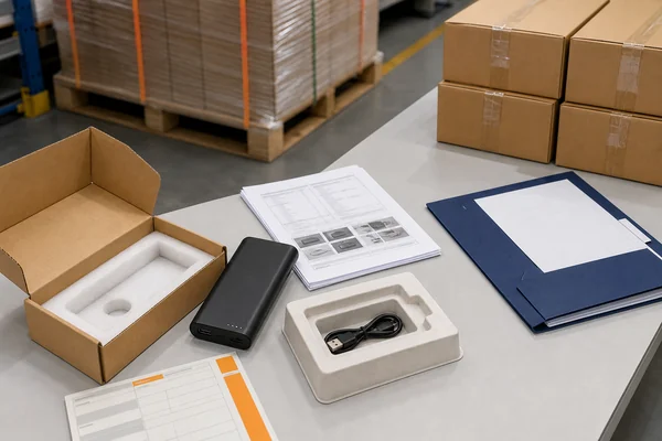 Power bank, embalaje protector y documentos preparados para el transporte internacional de baterías de litio
