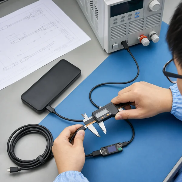 Chinese quality engineer inspecting a USB-C cable and e-marker for a 65W power bank
