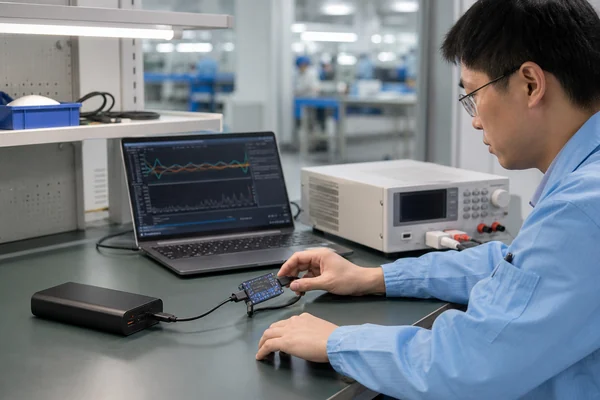 Chinese engineer verifying USB-C PD power bank specifications with a protocol analyser and electronic load