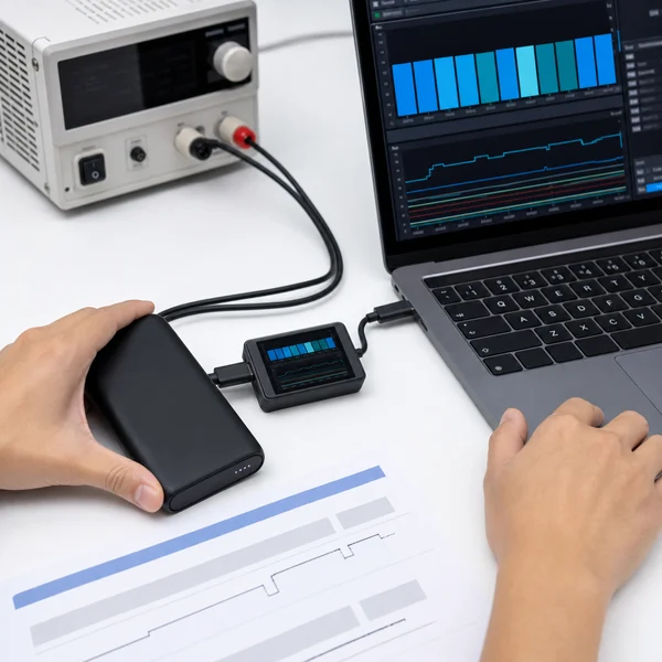 USB-C PD power bank connected through a protocol analyser for PDO and PPS verification
