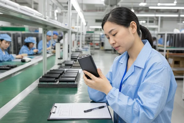 Chinese quality auditor checking a power bank during a manufacturer factory audit in China