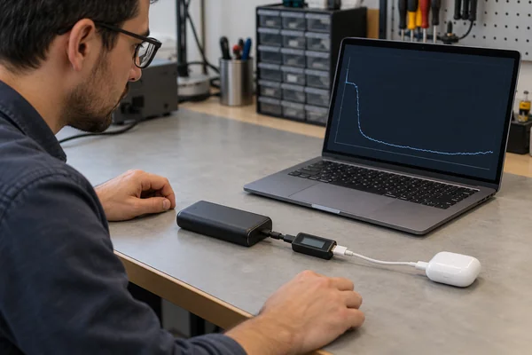 Engineer reviewing an illustrative output trace while an earbud case is connected to a power bank