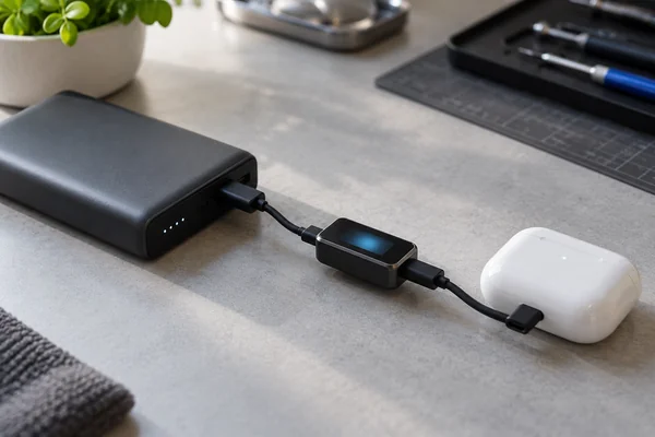 Power bank connected to an earbud case through an inline USB meter for a low-current charging check
