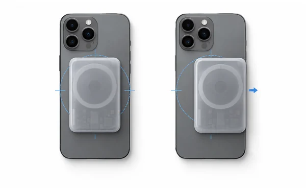 Illustrative comparison of centered and shifted magnetic power bank positions on a phone