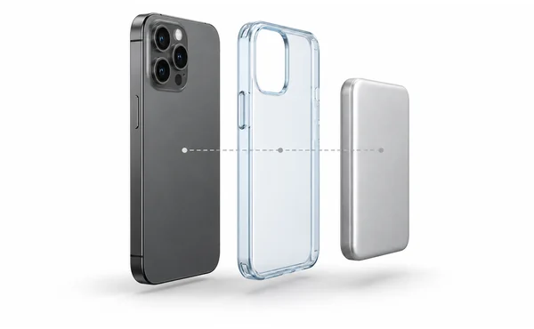 Exploded conceptual view of a smartphone, protective case and magnetic power bank